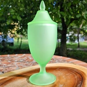Vintage Uranium Green Frosted Satin Glass Apothecary Jar with Lid